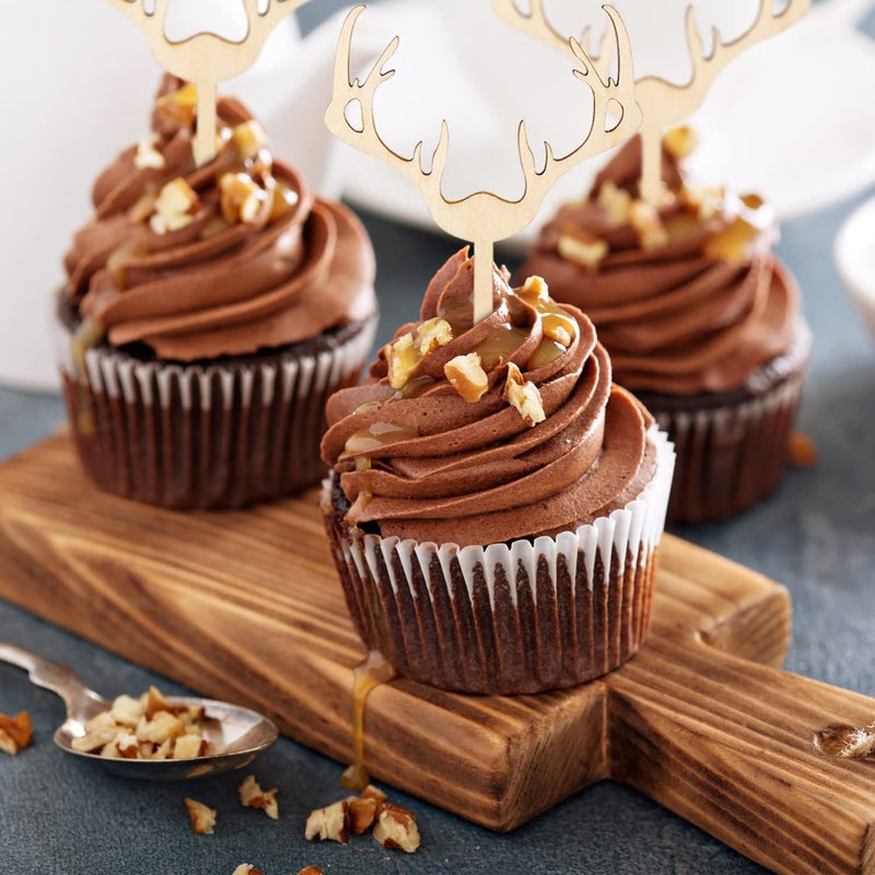 Huray Rayho Antler Cupcake Toppers Wooden Deer Cake Picks Decorations Baby Shower Wedding Hunting Boho Rustic Country Birthday Theme Party Supplies Qty 24 - Image 5